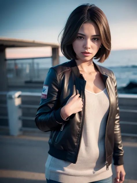 a girl facing to sky, she is wearing a jacket with the sun shining behind her in background. beautiful highly detailed face!!! cinematic lighting 4 k ray tracing extremely hyper - realistic painting by artgerm and greg rutkowski! 8 0s cg movie poster octan...