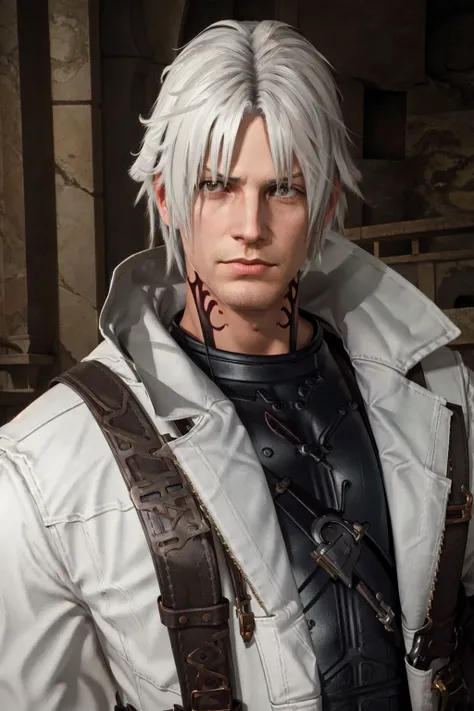 Thancred Waters, Thancred Waters, looking at viewer, closed mouth, upper body, coat, strap,realistic,specular highlights,  <lora:Thancred:0.8>