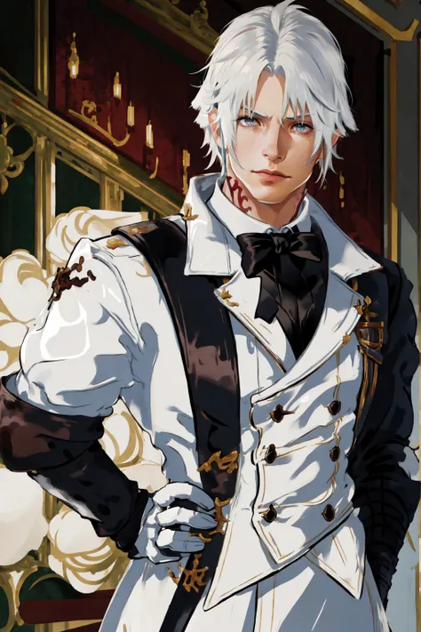 Thancred Waters, Hyur, looking at viewer, gloves, bow, upper body, white gloves, bowtie, hand on hip, formal, specular highlights,  <lora:Thancred:0.8>