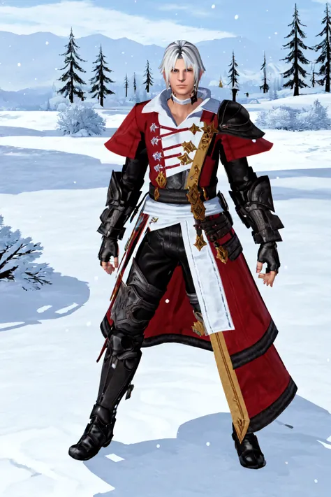 Thancred Waters,gloves, weapon, sword, fingerless gloves, armor, tree, gun, shoulder armor, snow, pauldrons, snowing, gunblade ,specular highlights,  <lora:Thancred:0.8>