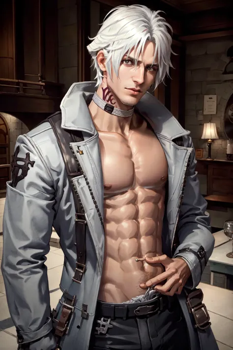 Thancred Waters,looking at viewer, navel, closed mouth, nipples, jacket, open clothes, choker, pants, open jacket, coat, pubic hair, muscular, abs, pectorals, muscular male, male pubic hair, bara, large pectorals, open coat, open fly, bare pectorals, open ...