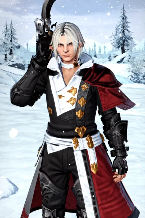 Thancred Waters,gloves, weapon, sword, fingerless gloves, armor, tree, gun, shoulder armor, snow, pauldrons, snowing, gunblade ,specular highlights,  <lora:Thancred:0.8>