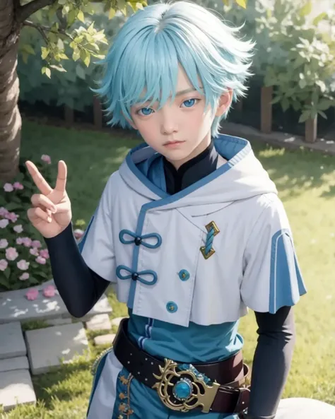masterpiece, best quality,chongyun (genshin impact), 1boy,( male focus:1.4), blue eyes, solo, blue hair, outdoors, looking at viewer, tree, bangs,(kbxll:0)