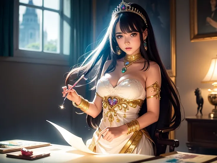 Manga, masterpiece, best quality, 1girl, half body, sad princess, fantasy, ((painting by wlop)) from artstation, glitter jewelry, glare, Iridescent, Global illumination, real hair movement, realistic light, realistic shadow, sideways glance, ((foreshorteni...