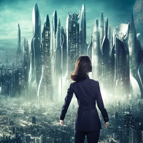 a woman standing in front of a futuristic city in the in