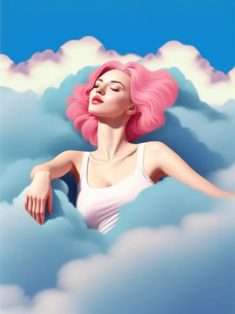 pinkangel style, a woman with pink hair laying on top of a cloud