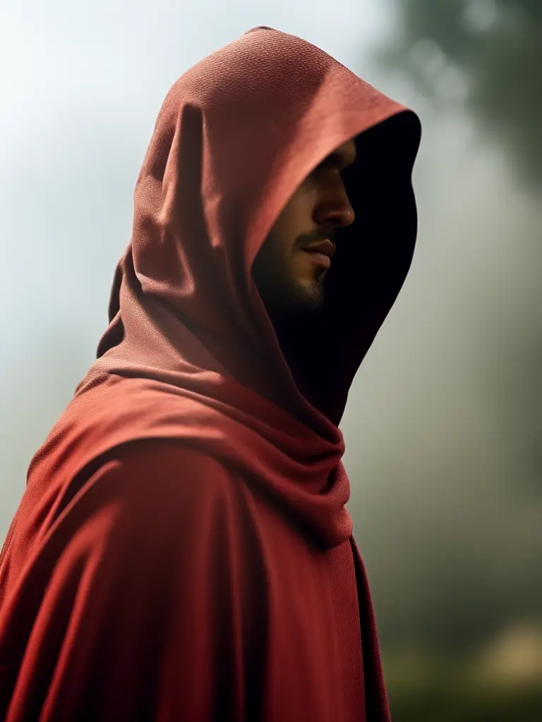 redcloak style, a close up of a person wearing a red hood