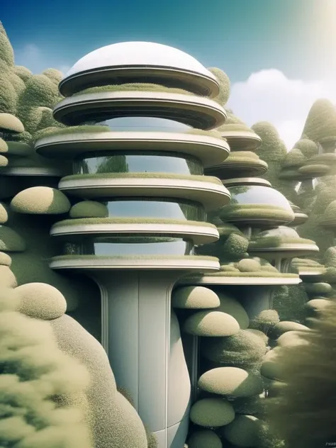 fractalwoman style, an aerial view of a futuristic building surrounded by trees