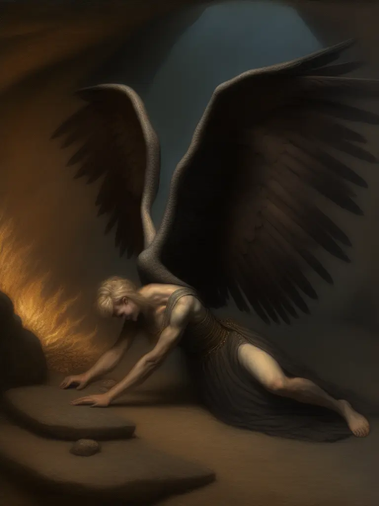 fallenangel style, a painting of an angel kneeling down next to a fire