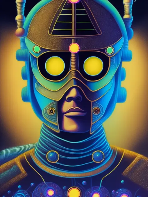 atompunk style, a painting of a robot's face with glowing eyes