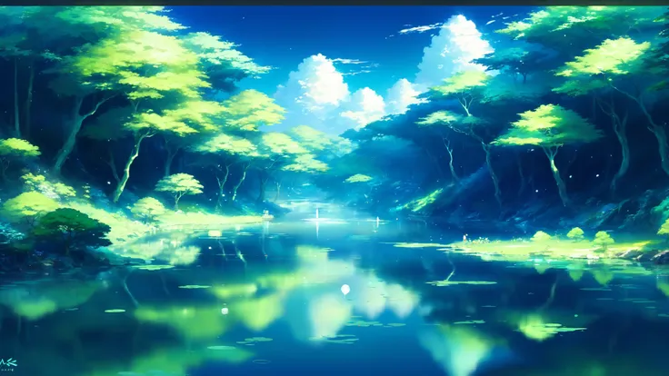 anime scenery of a river with trees and a sky