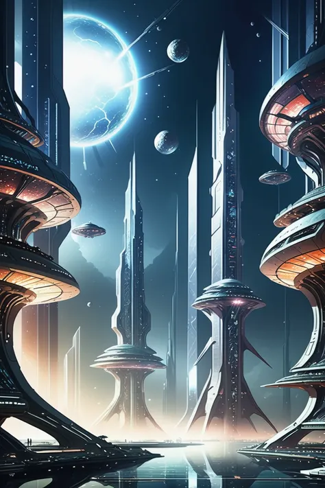 a futuristic city with futuristic buildings and a moon in the sky