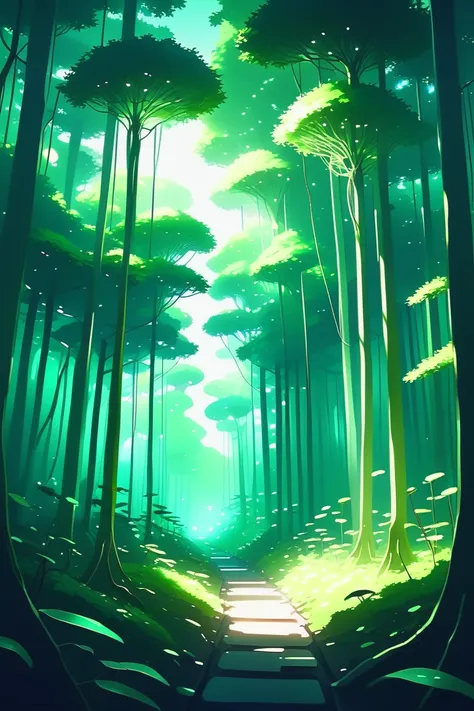 a green forest with a path leading through it