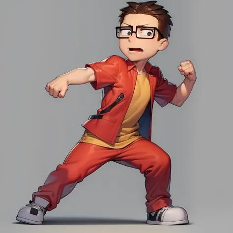((masterpiece, best quality)),(complex lighting), 1boy,full body,solo, Steve smith, <lora:SteveSmith1-10:0.6>,glasses, red jacket, short sleeves jacket, shirt, open clothes, simple background, black eyes, (cleft chin), fighting stance,