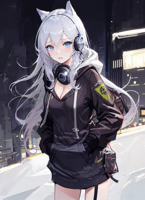 original outfit, 1girl,embarrassedcleavage,outdoors,(hoodie:1.3),headphones around neck, cityscape, cowboy shot, hand in pocket,...