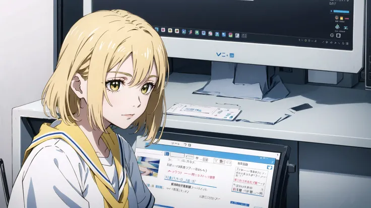 1gril, <lora:animemix_v3_offset:1>,anime screencap,Short yellow hair, <lora:shojovibe_v11:0.5>,Doing at the computer, close up, upper body