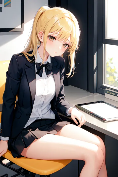 1girl, blazer, office, working, ponytails, blonde hair, medium breasts, indoors, sleepy, miniskirt, bottomless, brown eyes, sitting, dimming