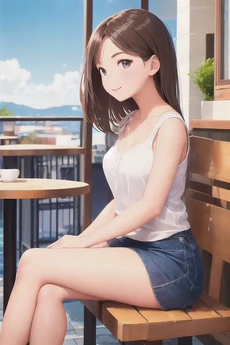 anime girl sitting on a bench in a cafe with a cup of coffee