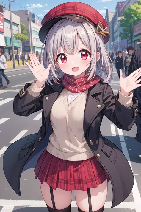 anime girl in uniform waving in the street with her hands up