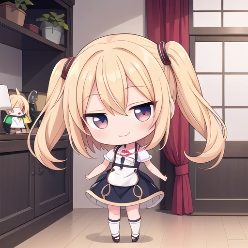 1girl, (chibi:1.4), smile, closed mouth, dynamic angle, standing, , blonde hair, indoors