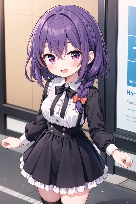 anime girl in a short dress with purple hair and a bow