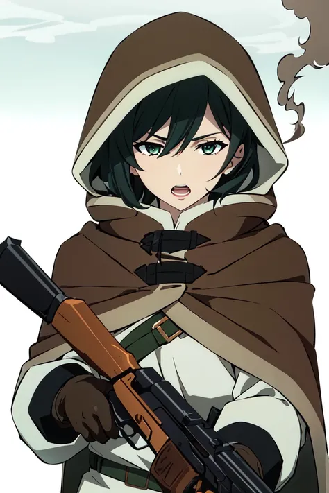 nier anime style, 1girl, weapon, gun, brown gloves, black hair, gloves, hood, cloak, holding, open mouth, holding gun, holding weapon, solo, hooded cloak, green eyes, hood up, short hair, bangs, smoke, rifle, hair between eyes
, ((masterpiece))
<lora:nier_...