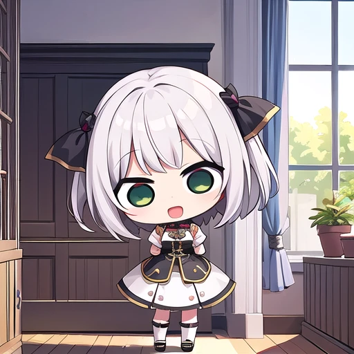 anime girl with white hair and green eyes standing in a room