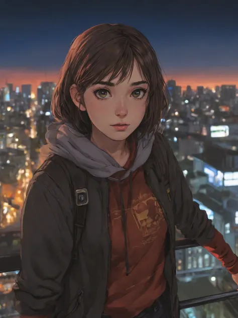 <lora:lora_never_smiles:1>, 1girl, solo focus, looking at viewer, balcony, city street, Insanely detailed and intricate scifi cityscape, circuits, airship, poor, dirty, torn clothing, rag clothing, Bright Colors, Animated, Animation, Cartoon, Anime, Anime ...