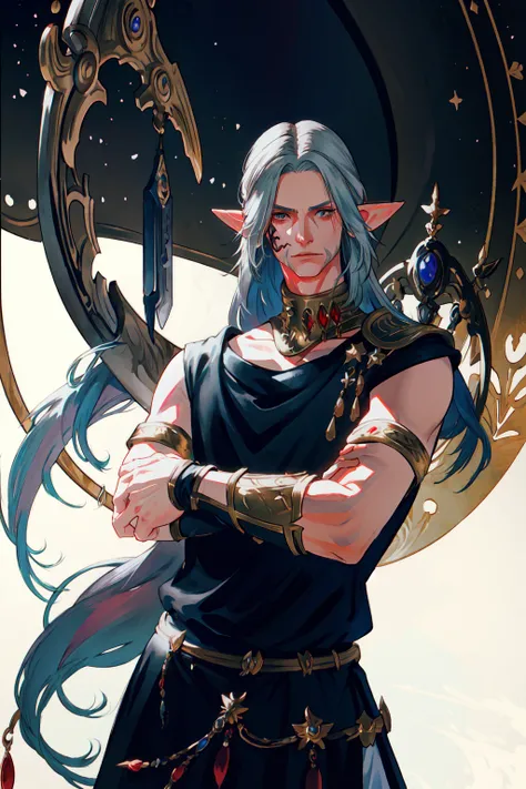 Urianger, long hair, holding, jewelry, closed mouth, upper body, weapon, solo focus, holding weapon, tattoo <lora:Urianger:0.75>