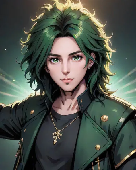 (((masterpiece))) , (((best quality))) , anime style, 2d, Unique Plain Bohemian Conquistador pretty 1boy, solo, ð, wearing dark green Dolman jacket with Organic trimmings, key visual, contemporary, epic atmosphere, cinematic light, enhanced quality, ill...