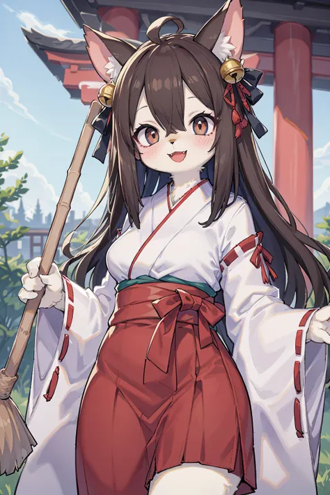 anime girl in kimono outfit holding a broom and a broom