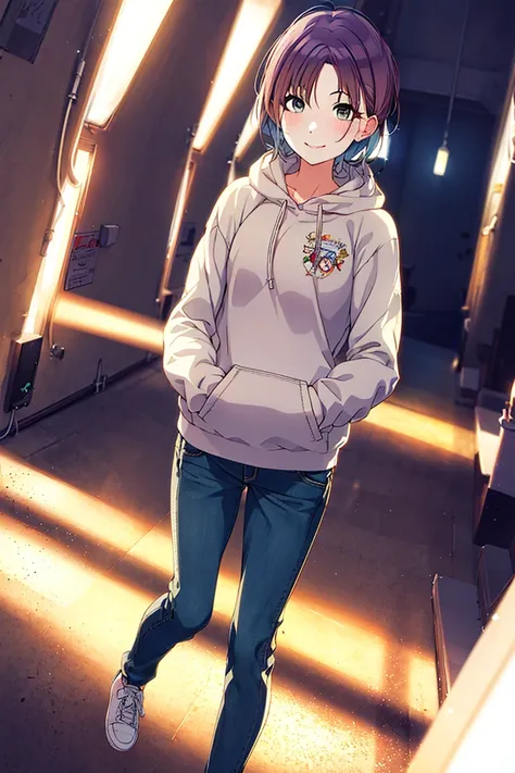 (best quality, high definition, masterpiece:1.2,), illustration, night, 1girl, full body, asakura tooru, hoodie, jeans, arm behi...