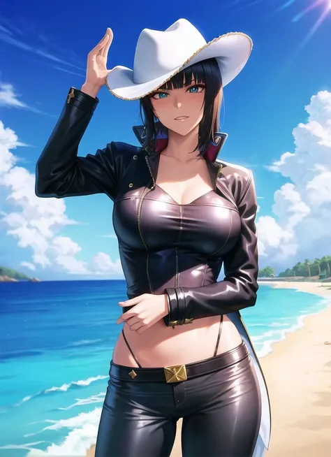 modern anime, masterpiece, best quality, 1girl, cave, nico robin, beach, shiny skin, <lora:nicoRobinOnePiecePreAnd_preTimeskip:0.7>, short hair, black leather jacket, leather pants, white cowboy hat, fur trimmed cape
