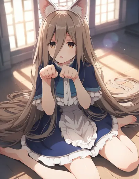 anime girl with long hair sitting on the floor with her hands on her face