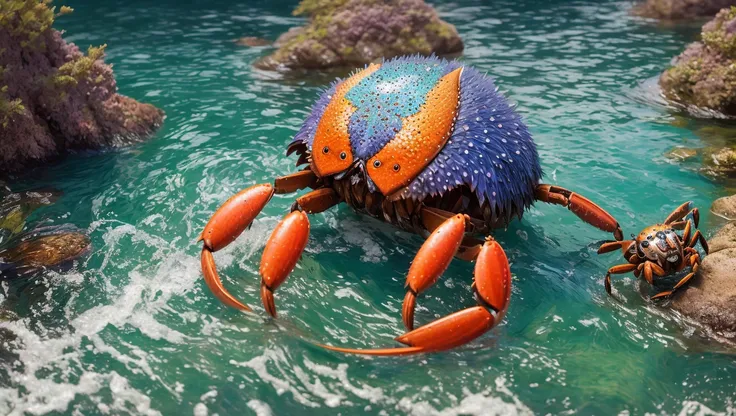 A fantz monster design, funny, ultra detailed, cute,A mixture of birds and fish, colorful, cross-eyed,The sea, waves, Water is dancing around the body,Crab nipper,scale,blue and transparent water,
