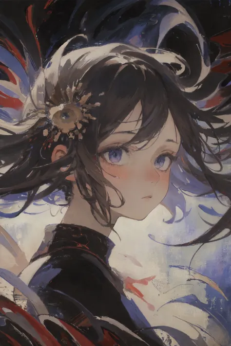 anime girl with black hair and a flower in her hair