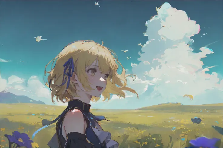 anime girl in a field of flowers with a sky background