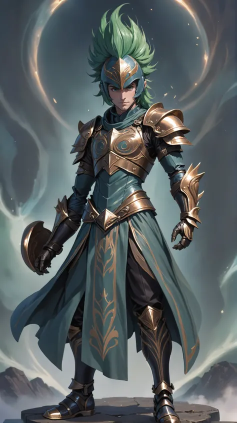 elemental spirit, cinematic still, (full body:1.2), 1boy, man, handsome, solo, [:epic costume design,:0.2] thief, (runed bronze plate pauldrons,gauntlets,helmet:1.4), caucasian, mediumspringgreen hair, (solid:1) build<lora:EnvyElementalSpiritXL01:0.75><lor...