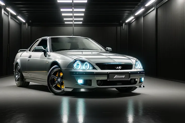 photo of a priora in a garage, dramatic lighting, insanely detailed, gloss paint, shot at 24mm on sony alpha, high settings octa...