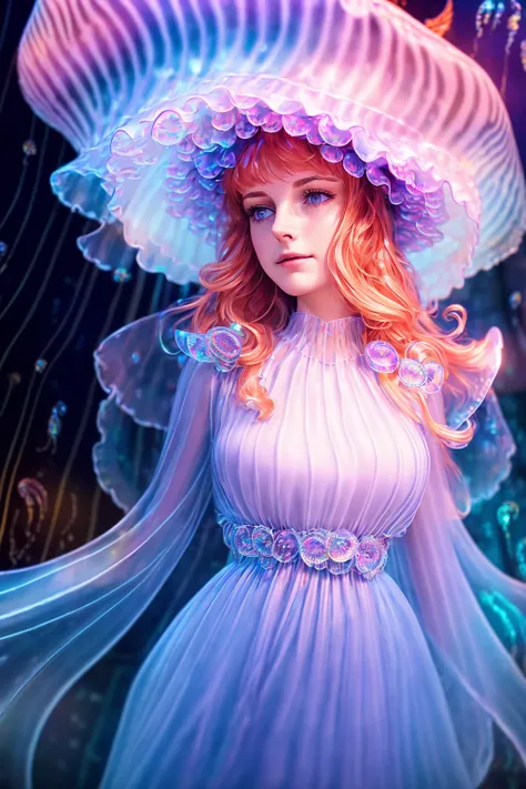 (extremely detailed cg unity 8k wallpaper), a beautiful young woman in the rain with (jellyfish hat:1.2), sundress, (style-empir...