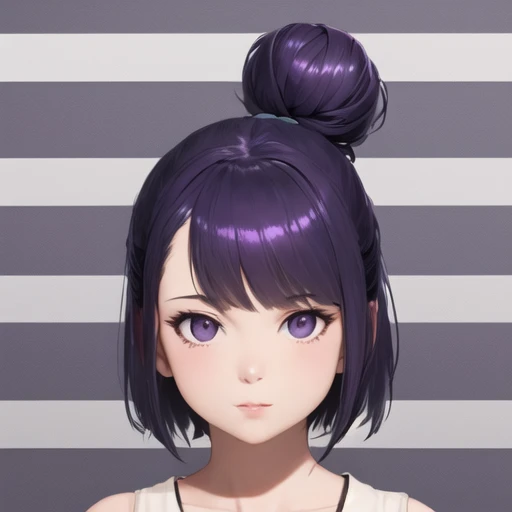 dra, album cover, 1girl, purple, dark blue hair, heart hair bun, very short hair, graphic design, helvetica, cel shading