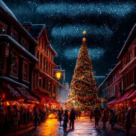 a group of people walking down a street next to a christmas tree