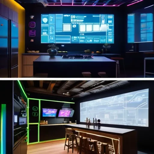 a couple of pictures of a room with a bar and a large screen