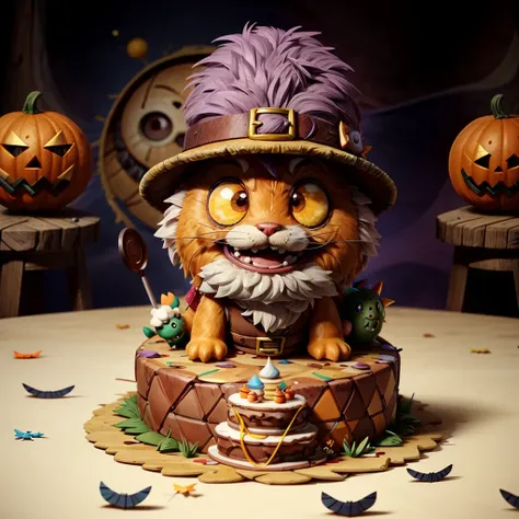 a small,colorful, fuzzy, fluffy fur,,cute,excited, fantz creature, dressed like Indiana Jones inside an extremely, a huge room decorated for a halloween party, party setting, party streamers scattered everywhere, huge cake on a table slice cute out on a pl...