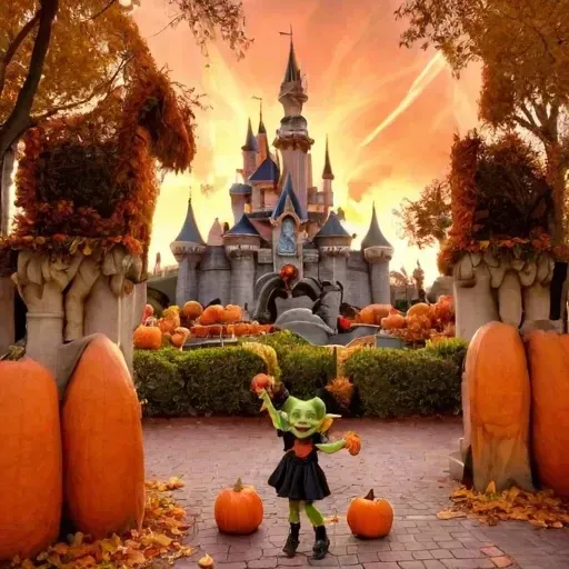 Young, female goblin, very happy, dorky, goblin, smiling(joy:0.6). In a halloween costume standing in front of carved pumpkins. In the background Disneyland, decorated for Halloween, the magical kingdom close by surrounded by tombstones, faeries in the sky...