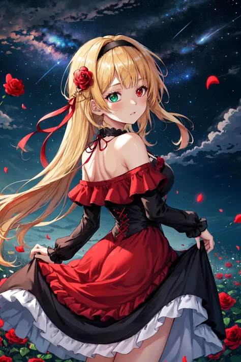 a girl in a red dress standing in a field of roses