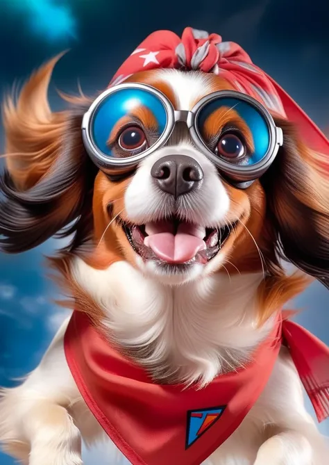 a close up of a dog wearing goggles and a red bandana