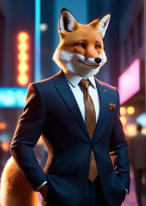 a close up of a person in a suit and tie with a fox head