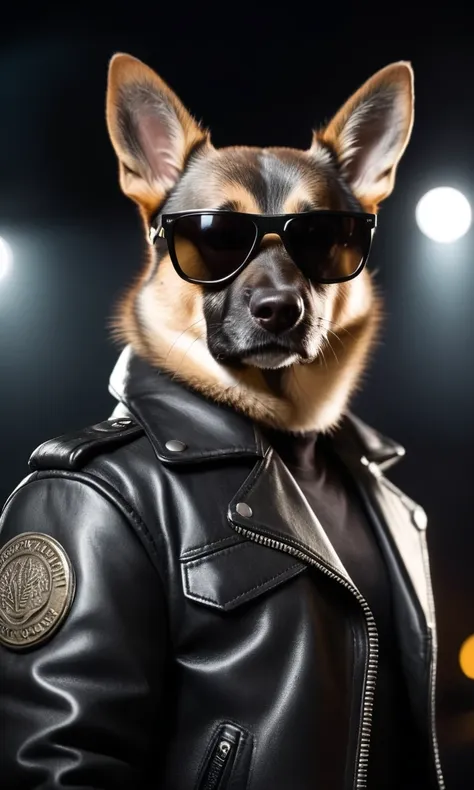 arafed dog wearing sunglasses and a leather jacket with a police badge