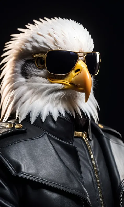 a close up of a bald eagle wearing sunglasses and a leather jacket